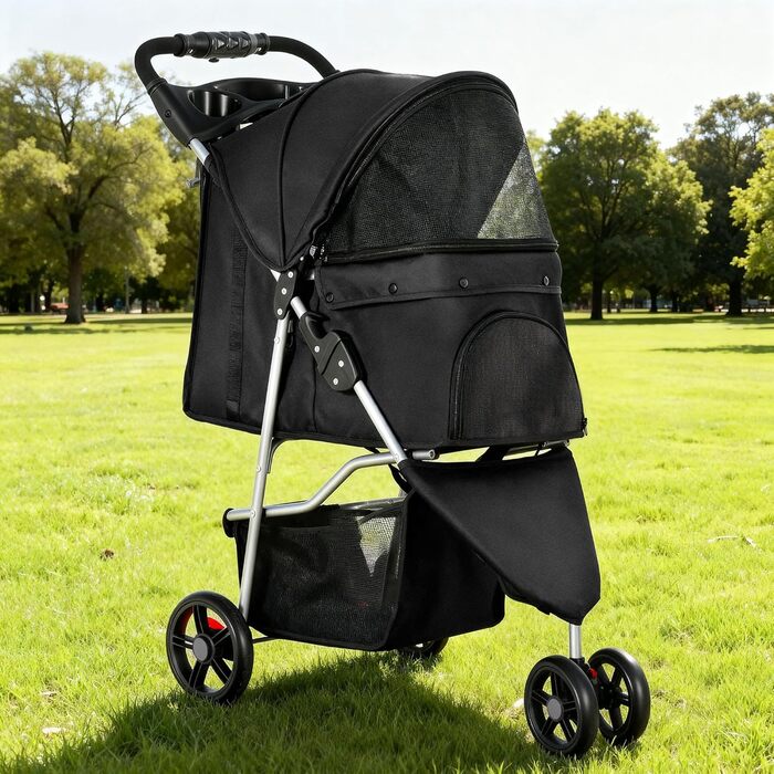 Візок для собак та котів YITAHOME 15 кг, чорний, з трьома колесами, сітчастим вікном та гальмами