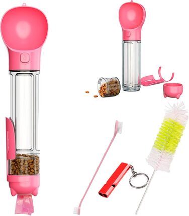 Водяна пляшка для собак SukaJia 4-в-1 з мискою, свистком та щіткою (500 мл, Рожевий)