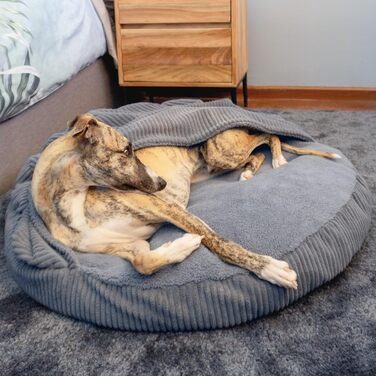 4L Textil Hundebett Vigo з капюшоном: ліжко-печера для собак, ковдра, корзина, ліжко-мішок, подушка з корду, середні породи (Сірий, 90x90x12 см)