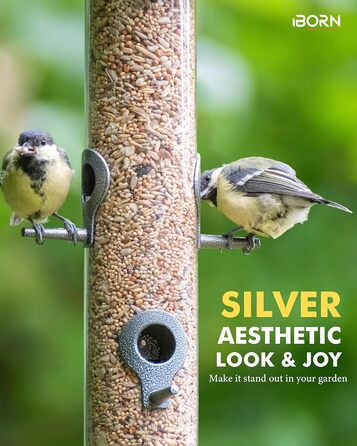 Годівниця для птахів iBorn, металева годівниця для підгодовування з 6 місцями для підльоту, 38 см, срібна