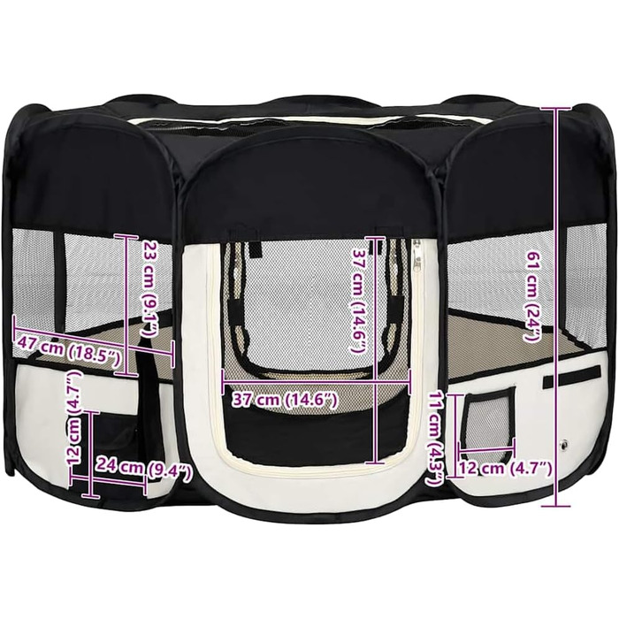 Вольєр для цуценят VidaXL, розкладний, 125x125x61 см, чорний