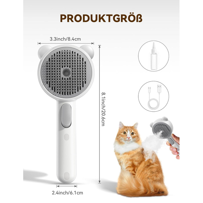 Щітка для котів FEELNEEDY з парою, електрична щітка для котів з кнопкою випуску води, резервуар для води, для котів з довгою та короткою шерстю та собак, USB-зарядка, двошвидкісна функція розпилення (біла)
