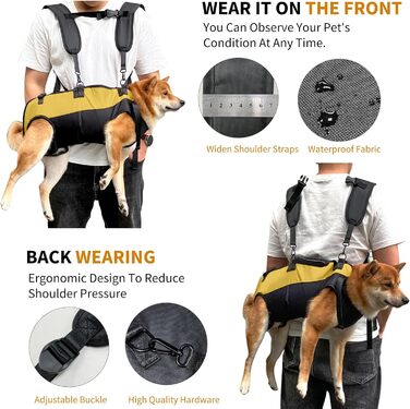 Шлейка-рюкзак для собак PETCUTE, для великих собак, з ручкою, регульована, для собак з артритом та проблемами з суглобами, 7.5-15 кг (S, чорний+жовтий)