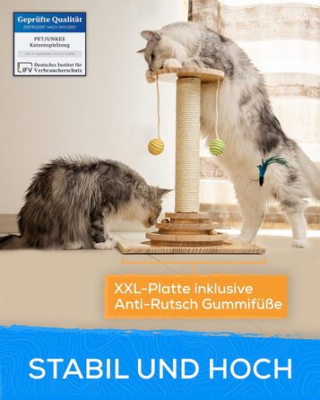 PetJunkee інтерактивний дряпак для котів 40 см з іграшками – компактний стовпчик із сизалю, кульки та пір'я, меблі для дряпання котів
