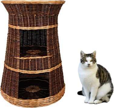 Корзина для котів, лежанка-будка, 43x49x70 см, з вербового пруття, трирівневе ліжко для собак та котів, знімні подушки кремового кольору, лакована корзина (без подушок)