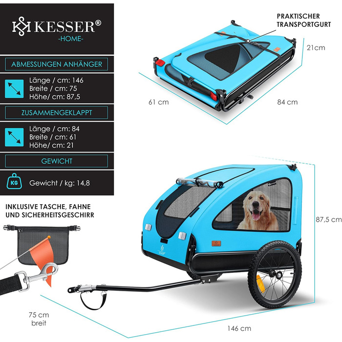 Великий велосипедний причіп-візок для собак KESSER Boxer 2-в-1, 250 л, складаний, 600D Оксфорд, до 45 кг, з прапорцем і сумкою