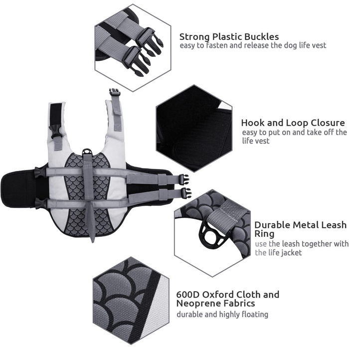 Жилет для собак 'Акула' з ручкою та світловідбиваючими елементами, для малих, середніх та великих собак, сірий, розмір M