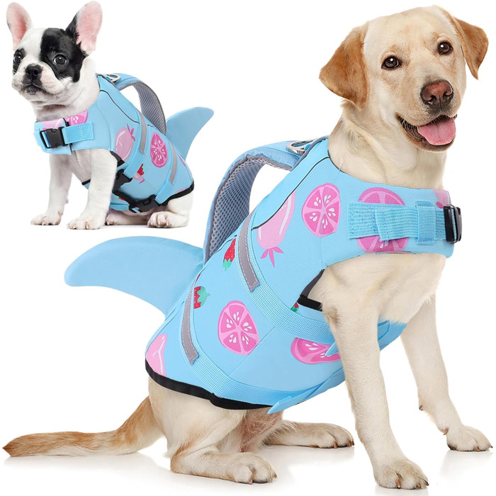 Жилет для плавання собак AOFITEE, модель 'Hai', великий розмір, з ручкою для порятунку та світловідбиваючими смугами, блакитний, для собак X-Large