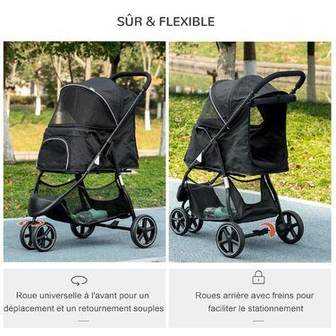 PawHut Buggy для собак та котів, чорний, 83x55x101 см, складна конструкція, EVA колеса, регульований кермо, корзина