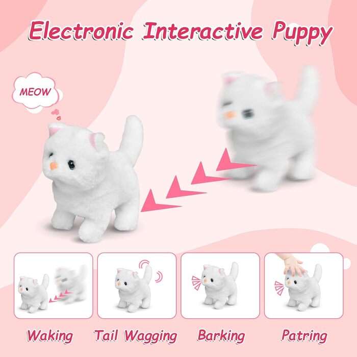 Інтерактивна іграшка-кіт для дітей: реалістичний плюшевий кіт, що ходить та муркоче, білий колір. Ідеальний подарунок для дівчаток 3-7 років