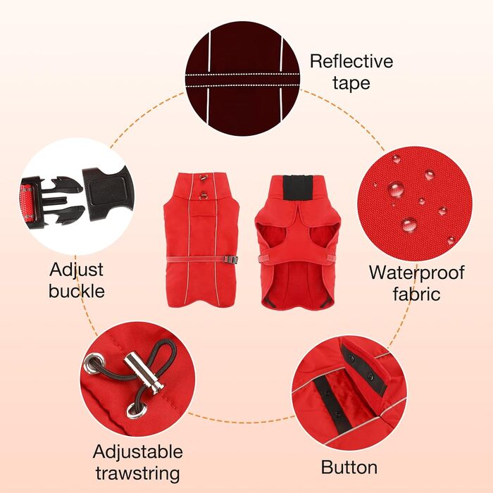 Водонепроникний зимовий теплий одяг для собак великих і середніх порід. Червоний теплий зимовий одяг для собак з флісовою підкладкою та регульованою посадкою