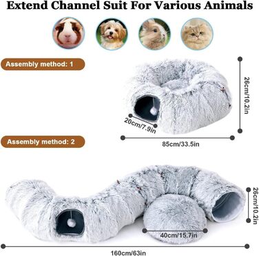 Туннель для котів FURRYPAWS XXL 3-в-1 – 160 см, ліжко, регульований, дихаючий, металевий каркас, складаний, для великих котів та дрібних тварин (темно-сірий з іграшкою)