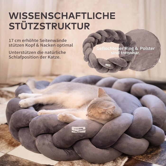 Велике котяче ліжко CheerPals 60 см, миється, плетене, затишна печеринка, ліжко для собак з високопружним матрацом, підходить для котів та маленьких собак, білий (сірий)