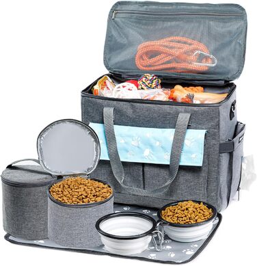 CLAWIST Сумка для собак, переноска для подорожей, XL, сіра/блакитна. З контейнерами для корму та складеними мисками