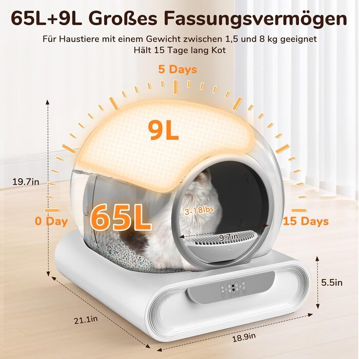 Автоматичний лоток для котів XXL 68л з самоочищенням, низький вхід, керування через додаток, датчик безпеки, для кількох котів