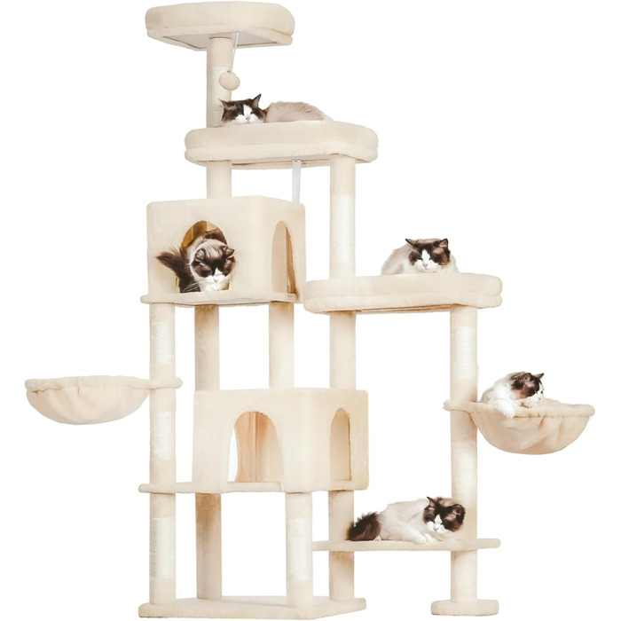 Котячий будиночок Hey-brother XXL для великих котів, 180 см, стабільний, з 3 платформами, 3 печерами та 2 котячими будиночками (Бежевий)
