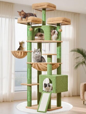 Кігтеточка для котів Taoqimiao 193 см, велика, XXL, з будиночками, гамаком, кошиком та 7 стовпчиками для заточування кігтів, сірий/зелений (MS047G)