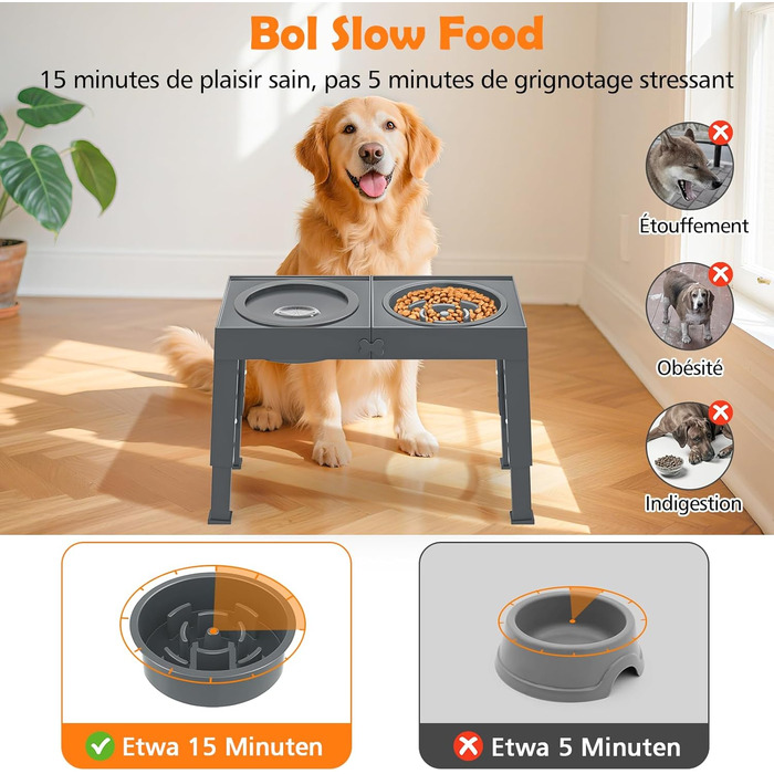 Набір мисок для собак X-BEN 3-в-1: миска для води з захистом від пролиття 1.4L, миска від захлипування 1L, годівниця з 5 рівнями регулювання висоти, для середніх та великих собак, антиковзаюча, сіра
