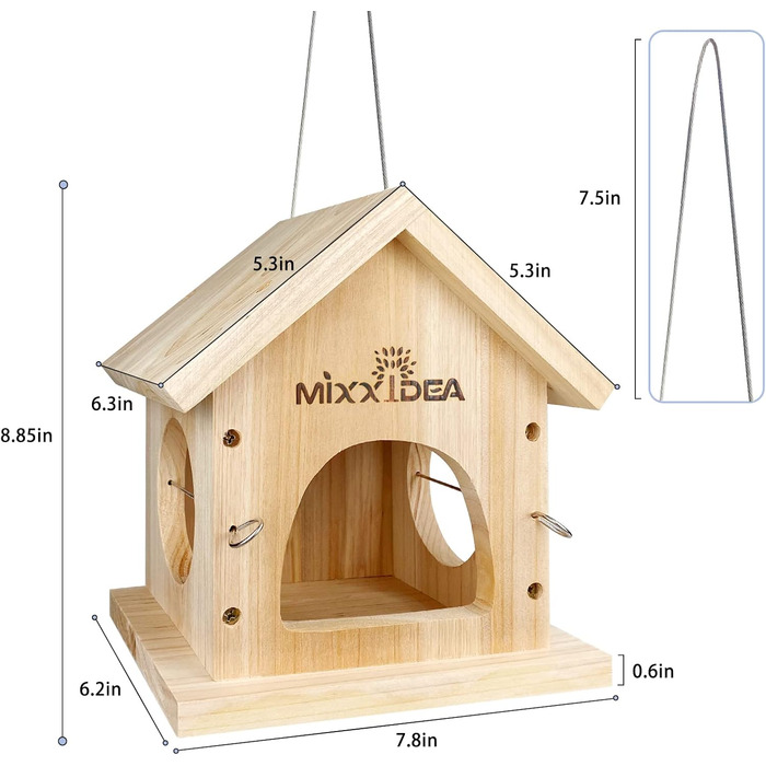 Годівниця для птахів Mixxidea з дерева, багатофункціональна годівниця для диких птахів, підвісна, з кедрової деревини, легко чистити та заповнювати, дерев'яного кольору