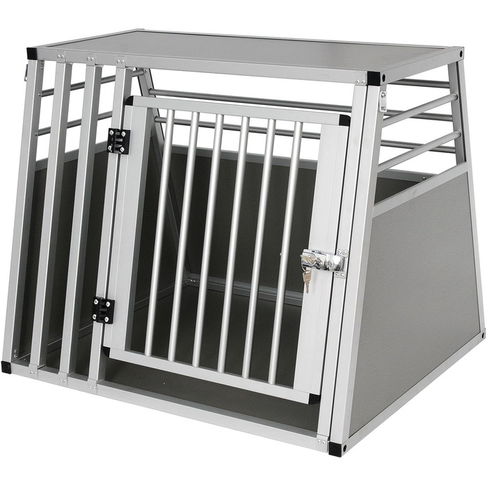 Транспортна переноска для собак EUGAD, алюміній, 80x65x65 см, сіра. Підходить для великих та середніх собак, котів. Для автомобіля, дому, подорожей. Легко мити, стабільна конструкція.