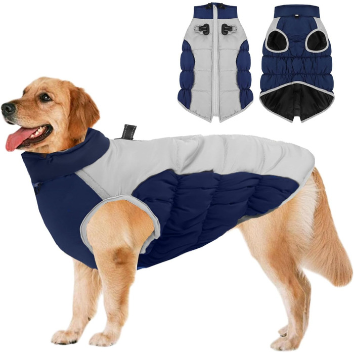 Зимовий теплий одяг для великих собак, XL - теплий зимовий одяг для собак, великих порід, світловідбиваючий, з коміром-гетром, для снігу, червоний (темно-синій, 2XL)