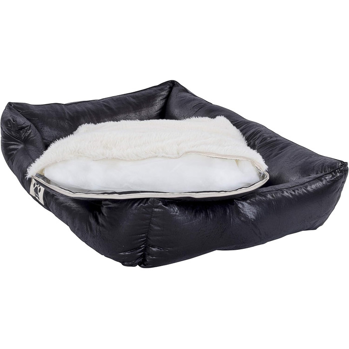 Крісло-ліжко для собак CLAMARO 'DeluxePet' чорного кольору 120x80 см з штучної шкіри, 2в1 з поворотним подушками, для великих собак, з боковинами з м'якою оббивкою, антиковзаюча підкладка, розмір Large
