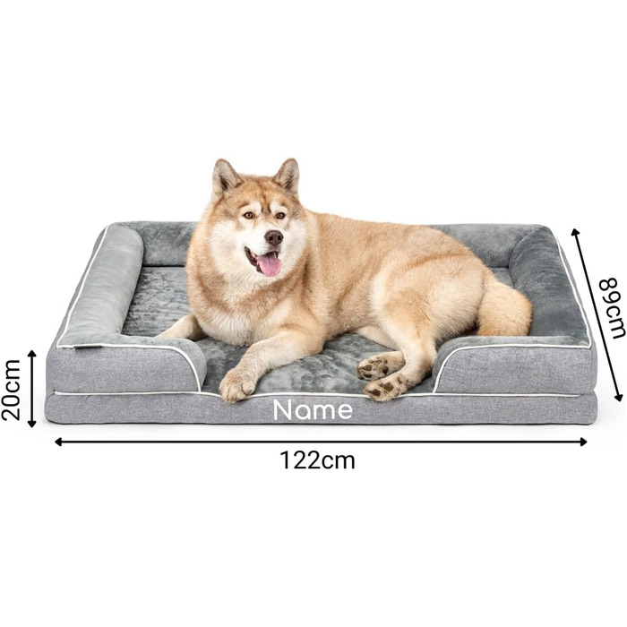 Ортопедичне ліжко для собак Lionto з піднятим бортиком, 89x63x17 см, м'яке крісло для собак з фланнелю, знімний та пральний чохол, неслизьке, для маленьких та великих собак та котів, сіре (з нанесенням імені)