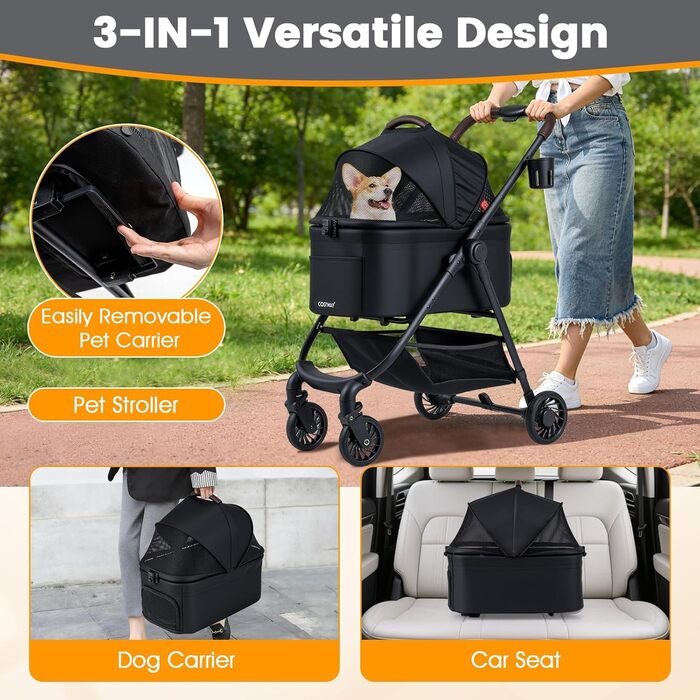 Фантаск 3-в-1 Візок для собак, переноска, сумка-переноска до 15 кг з регульованим тентом, кошиком та тримачем для напоїв, візок для домашніх тварин, складна конструкція, візок для собак, котів, домашніх тварин (Чорний)