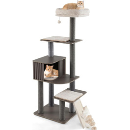 Дерев'яний кігтеточки для котів COSTWAY 151 см з платформами, печерею та іграшкою, сірий. Кліматичний комплекс для котів, кігтеточки-вежа, 58 x 48 x 171 см