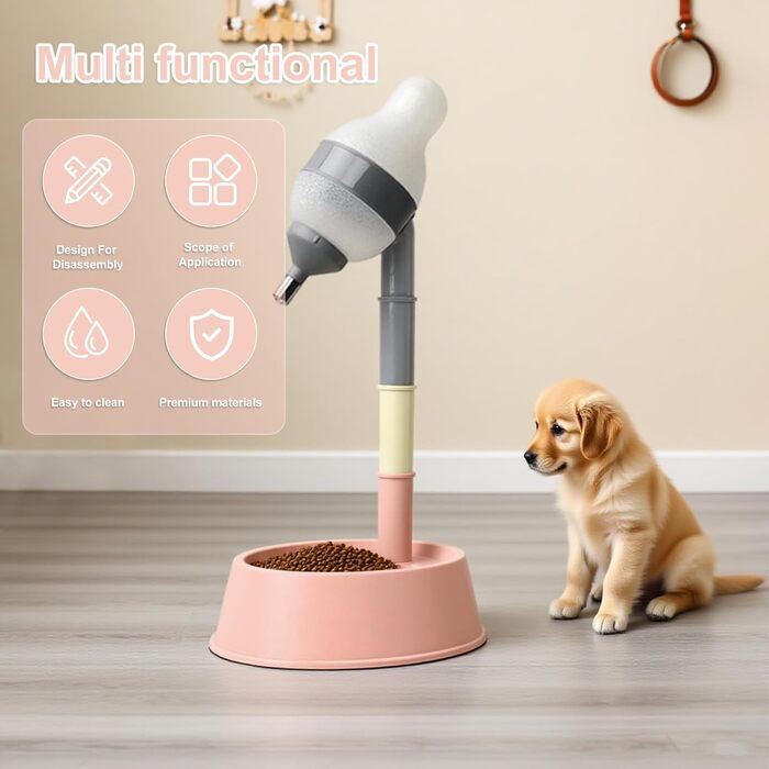 Автоматичний диспенсер для води для котів та собак iFCOW, регульована висота, знімний стрижень, автоматичне годування (Gerry + Pink)