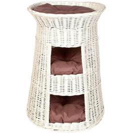 Кігтеточка-ліжко для котів: кругла хатинка з ротанга, триярусне ліжко для собак та котів, колір - білий, з коричневою подушкою