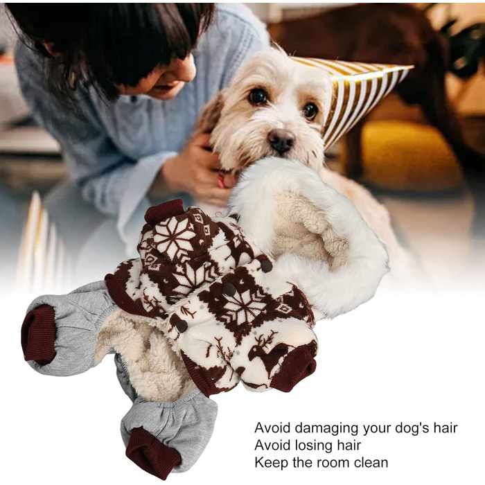 Зимовий теплий костюм для собак з капюшоном, м'який, з візерунком Сніжинка/Олень, для малих та середніх собак (M), колір кава