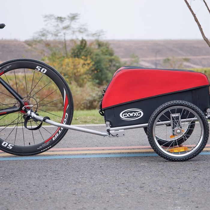 Велосипедний причіп CXWXC зі стоп-дämpfer, великий вантажний простір 120L, вантажопідйомність 40KG, складаний вантажний причіп з тентом та прапорцем безпеки - ідеальний для щоденного транспортування (Червоний)