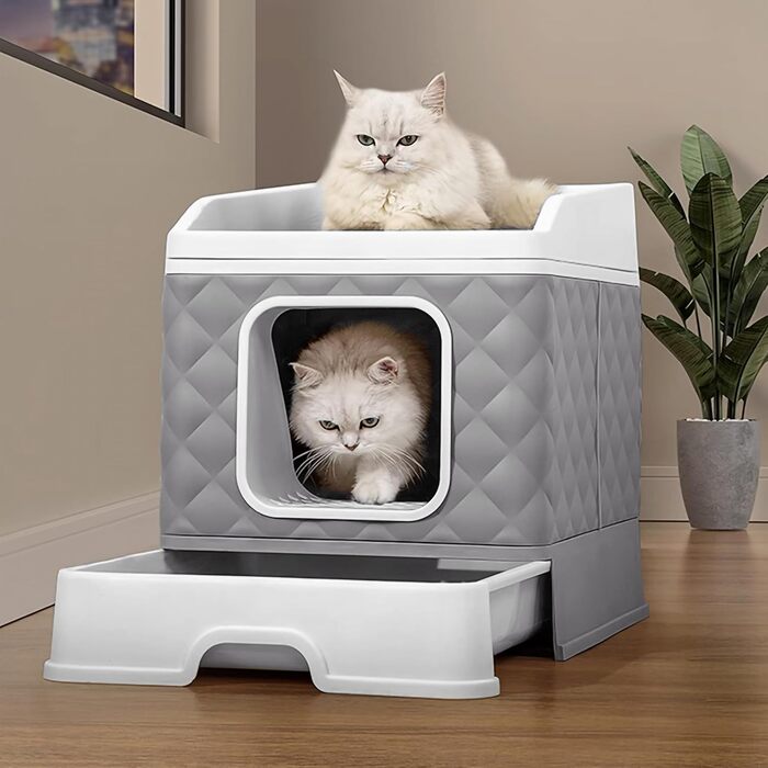 Котлотуалет GLOBANI XXL з кришкою – закритий лоток для котів з шухлядою, когтеточкою та совком – герметичний, гігієнічний, ідеальний для великих котів - сірий
