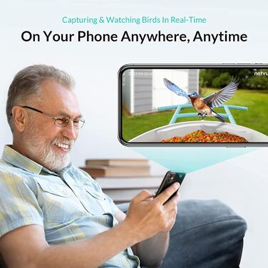 NETVUE Birdfy розумна годівниця для птахів з камерою, Wi-Fi, сонячною панеллю та безкоштовною AI-ідентифікацією птахів, автоматичний відеозапис, синя