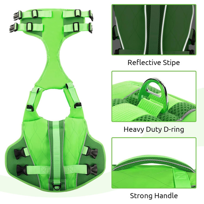 Спасальний жилет для собак Konvinit, для плавання, човнів, серфінгу, регульований, з ручкою та світловідбивачами, зелений, S (42-55 см)