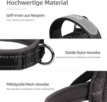 Нашийник для собак середніх та маленьких порід з повідком, кольоровий, сітка, м'який, з ручкою та кільцем, світловідбиваючий, легкий, чорно-сірий, розмір M