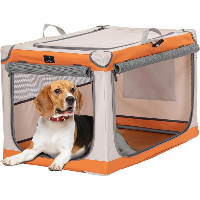 Транспортна переноска для собак великих порід - переноска-бокс для авто, зручна та компактна, з алюмінієвим каркасом (Оранжевий+Бежевий, M)