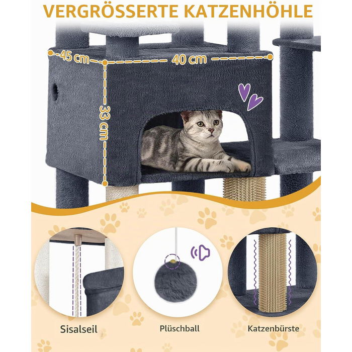 Ігровий комплекс для котів Hzuaneri XXL: кігтеточка-дряпка 185 см з 10 стовпчиками, темно-сіра (68 x 45 x 185 см)