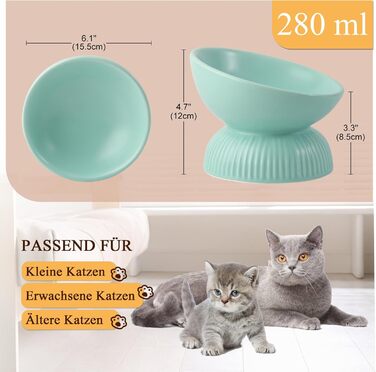 Підвищена годівниця для котів з кераміки, нахилена - проти блювоти, 280 мл, діаметр 15,5 см, білий колір, велика (зелена, велика)