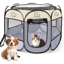 Клітка-вигул для цуценят 74x74x43 см – розкладний вольєр для собак та котів – клітка для кроликів та інших дрібних тварин – безпечний вольєр для дому та вулиці (сірий + котячий)