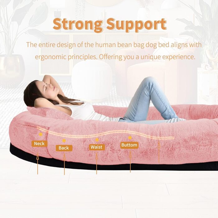 Ліжко для собак та людей NESTROAD, 180x114x35 см, рожеве. Зручне ліжко-мішок з штучним хутром, ковдрою та подушкою.