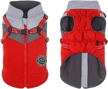 Водонепроникний собачий теплий зимовий плащ/жилет для собак маленьких, середніх та великих порід. З флісовою підкладкою, світловідбиваючими елементами. Червоний + сірий.
