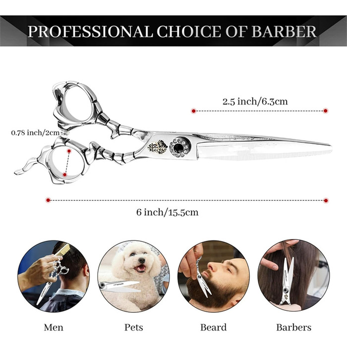 Набір ножиць для грумінгу собак 6 дюймів: прямі та розріджуючі ножиці для професійного догляду за шерстю. З регульованим гвинтом та візерунками. Срібний колір.