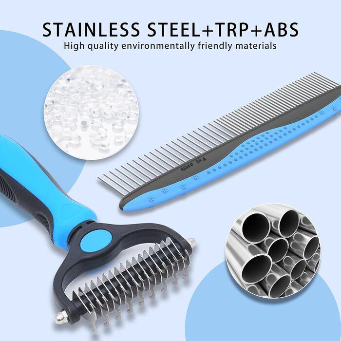 Професійна щітка для собак та котів 2 шт., з нержавіючої сталі, TPR-ручка, 2-в-1 розпушувач та вичіска для собак та котів – видаляє відмерле волосся, ковтуни, вузли (Блакитна)