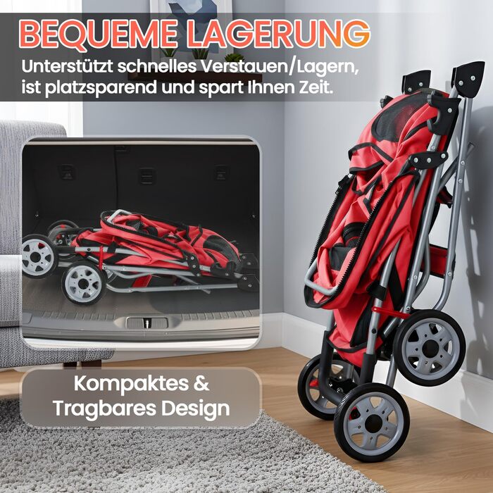 Візок для собак FDW, складний, для котів та собак з обертовими колесами на 360°, з кошиком для зберігання, подушкою та сітчастими віконцями, тримачем для напоїв, до 15 кг, червоний