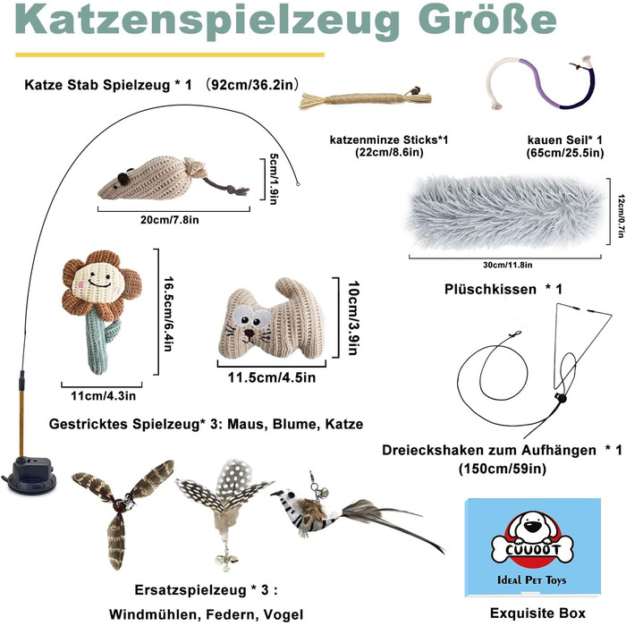 Інтерактивна іграшка для котів CUUOOT 7-в-1: джиґлер, іграшка-пір'їнка, катенок, мотузка для кусання, набір з котячою м'ятою.