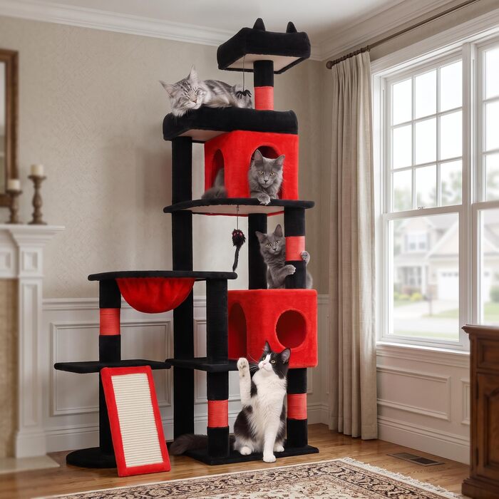 Комплекс для котів Kratzbaum XL 173 см: Дряпка-стовпчик з печерами, платформами, кошиком та іграшками (PMT02DG, Чорний+Червоний)