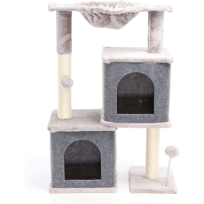 Котячий будиночок-крізьомачка Fudajo сірого кольору, 71,5 см, з платформою для відпочинку, лежаком, дряпалкою та будиночком для котів. Кліматичний комплекс для котів