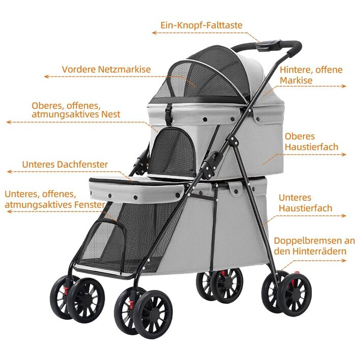 Візок для собак Homewell 2 в 1, сірий, 67x50x95 см: двоярусний, з підсклянниками, складний, з гальмом